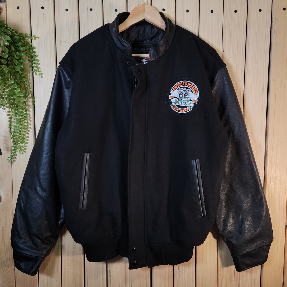 Varsity Jacket Black With Route 66 And Live To Ride Patches. Leather & Wool